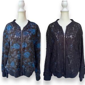 Ruff Hewn Black and Blue Floral Lace Reversible Bomber Jacket | Size M/L